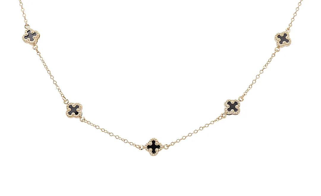 10K Yellow Gold Onyx Flowers Necklace