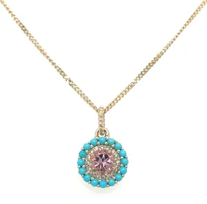 14ct Yellow Gold Earth Grown Pink Tourmaline, Turquoise and Diamond Round Necklace