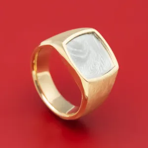 14K Gold and Tightweave Kuro Damascus Steel Signet Men's Ring Custom Made Band