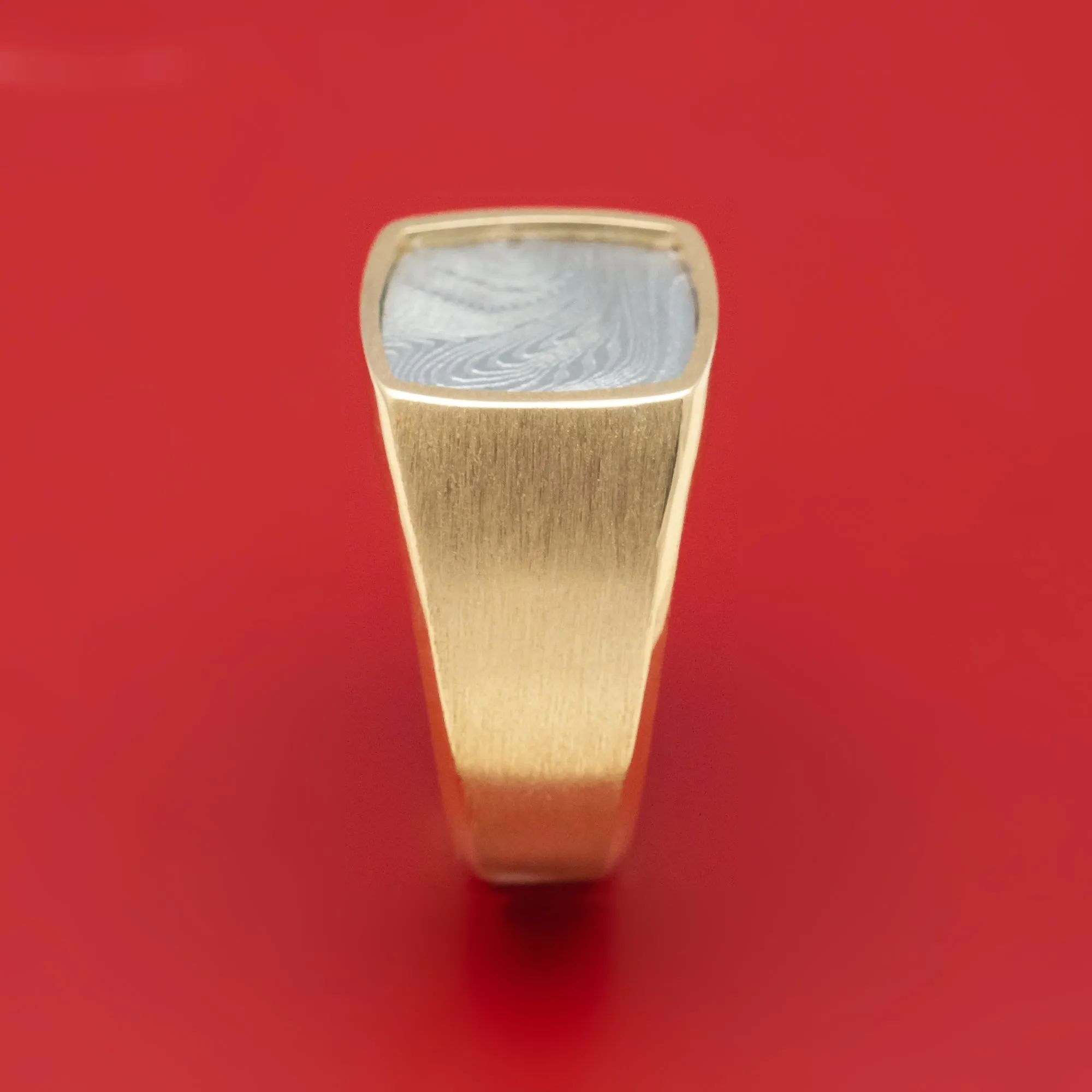 14K Gold and Tightweave Kuro Damascus Steel Signet Men's Ring Custom Made Band