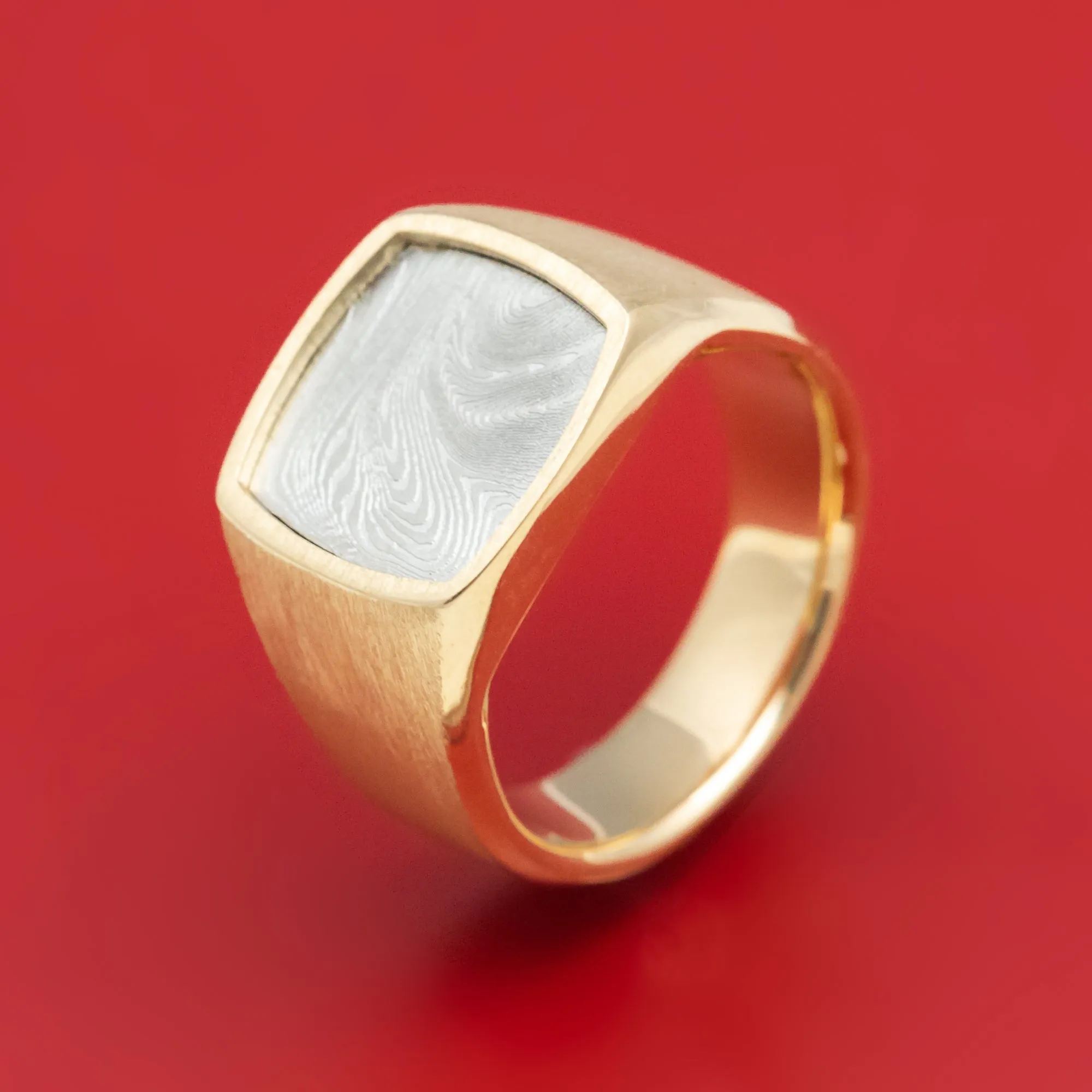 14K Gold and Tightweave Kuro Damascus Steel Signet Men's Ring Custom Made Band