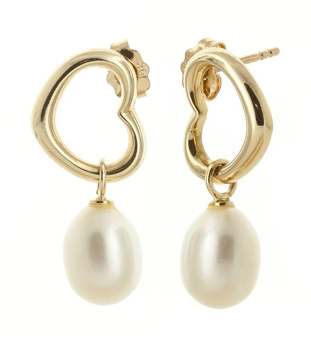 14K Solid Yellow Gold Heart Earrings w/ Dangling Natural Pearls