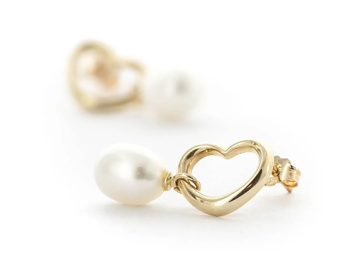 14K Solid Yellow Gold Heart Earrings w/ Dangling Natural Pearls