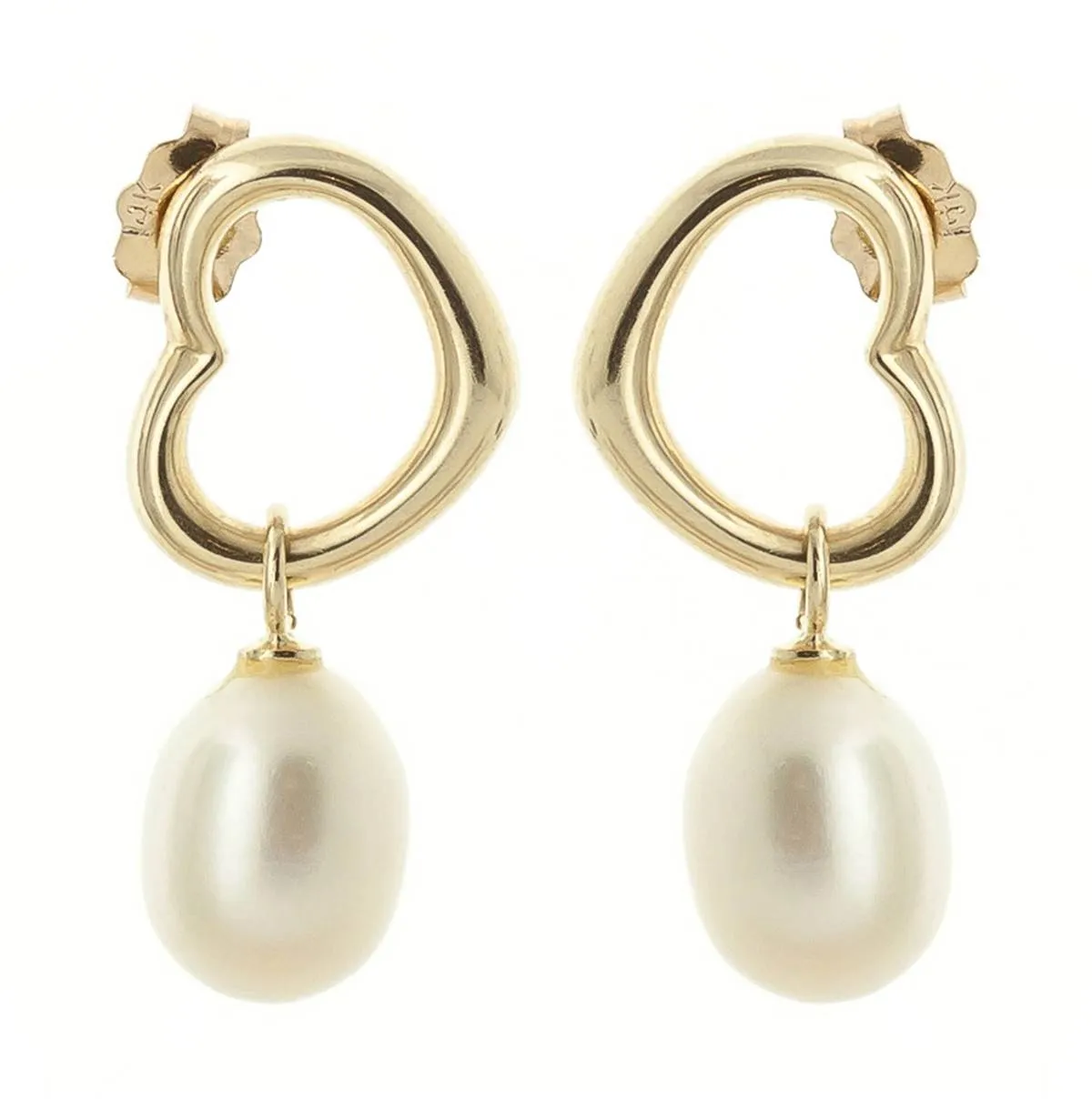 14K Solid Yellow Gold Heart Earrings w/ Dangling Natural Pearls