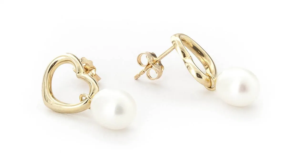 14K Solid Yellow Gold Heart Earrings w/ Dangling Natural Pearls