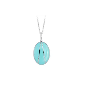 14K White Gold and Turquoise Enamel Oval Locket Necklace with Diamond Bail