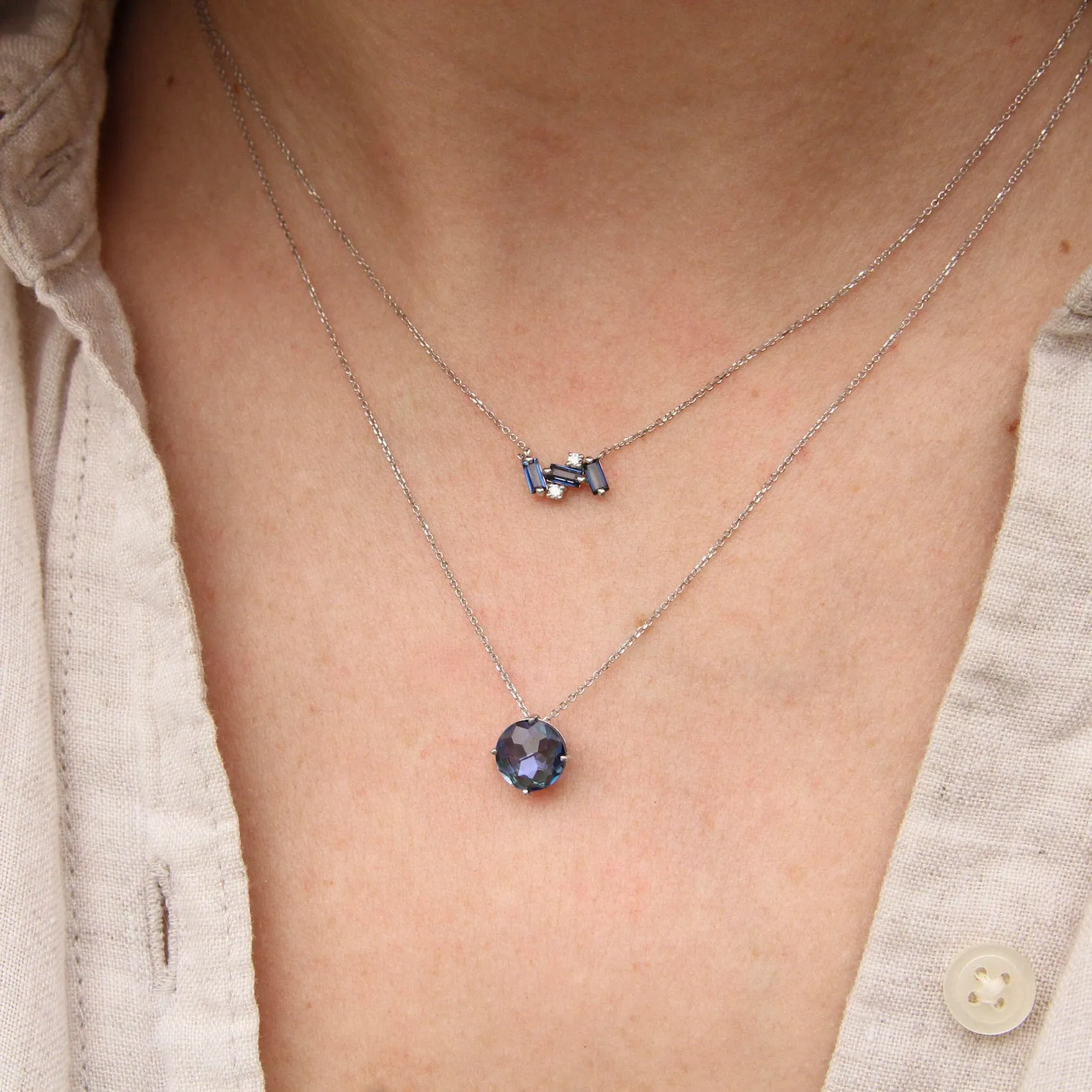 14k White Gold English Blue Topaz Mini Bar Necklace