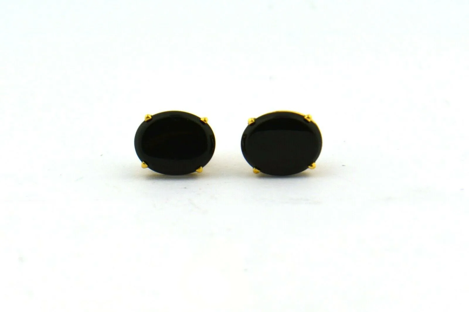 14KY 10x8 Oval Black Onyx Post Earrings 1.7G Four Prong Basket & Friction Backs