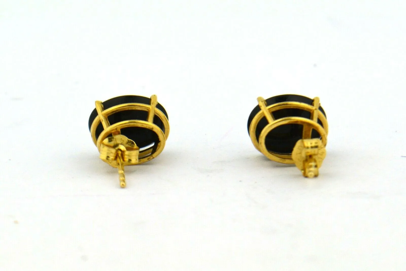 14KY 10x8 Oval Black Onyx Post Earrings 1.7G Four Prong Basket & Friction Backs