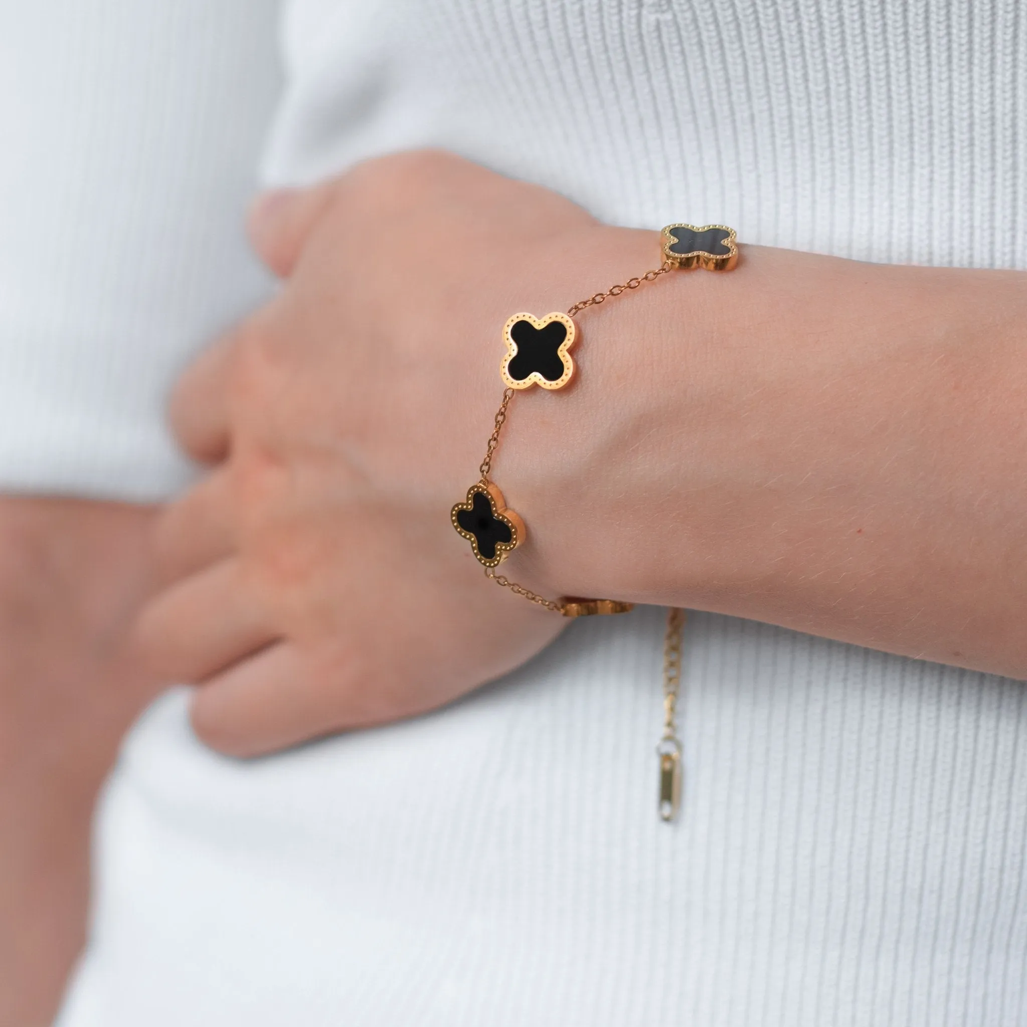 18K Gold Plated Stainless Steel Black Four-leaf Clover Bracelet