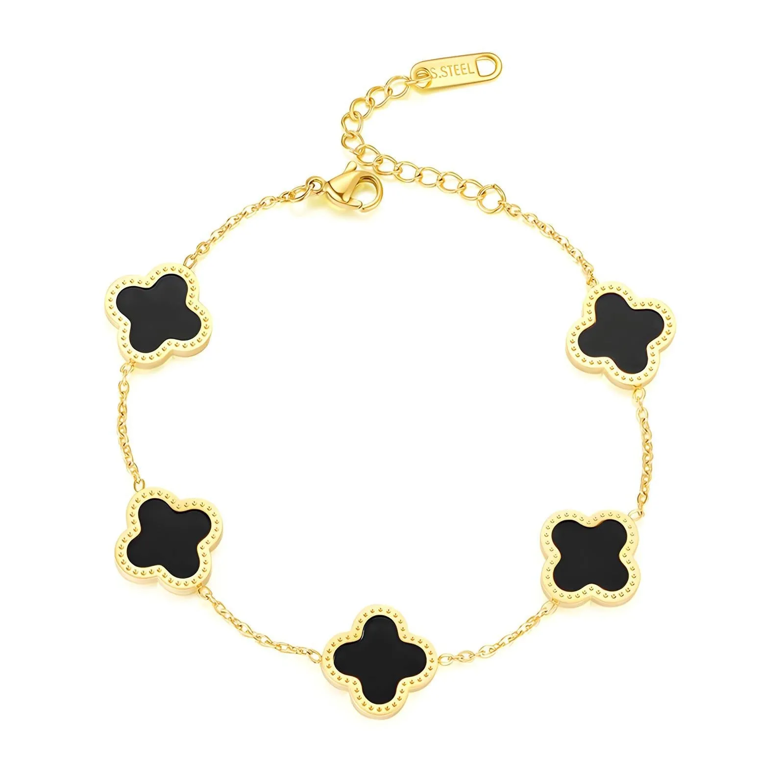 18K Gold Plated Stainless Steel Black Four-leaf Clover Bracelet