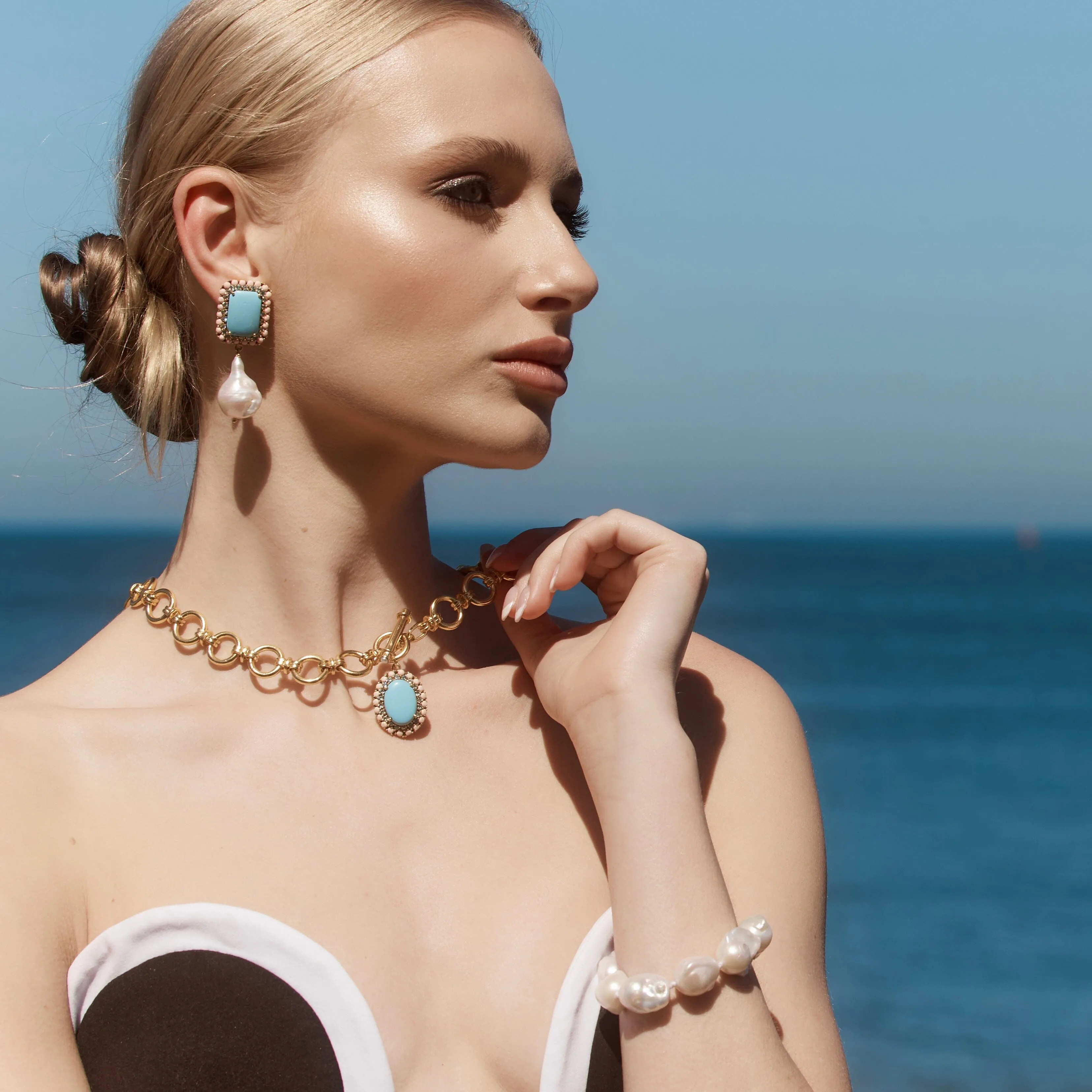 18k Gold Vermeil Turquoise, Coral and Baroque Pearl Earrings: The Victoria