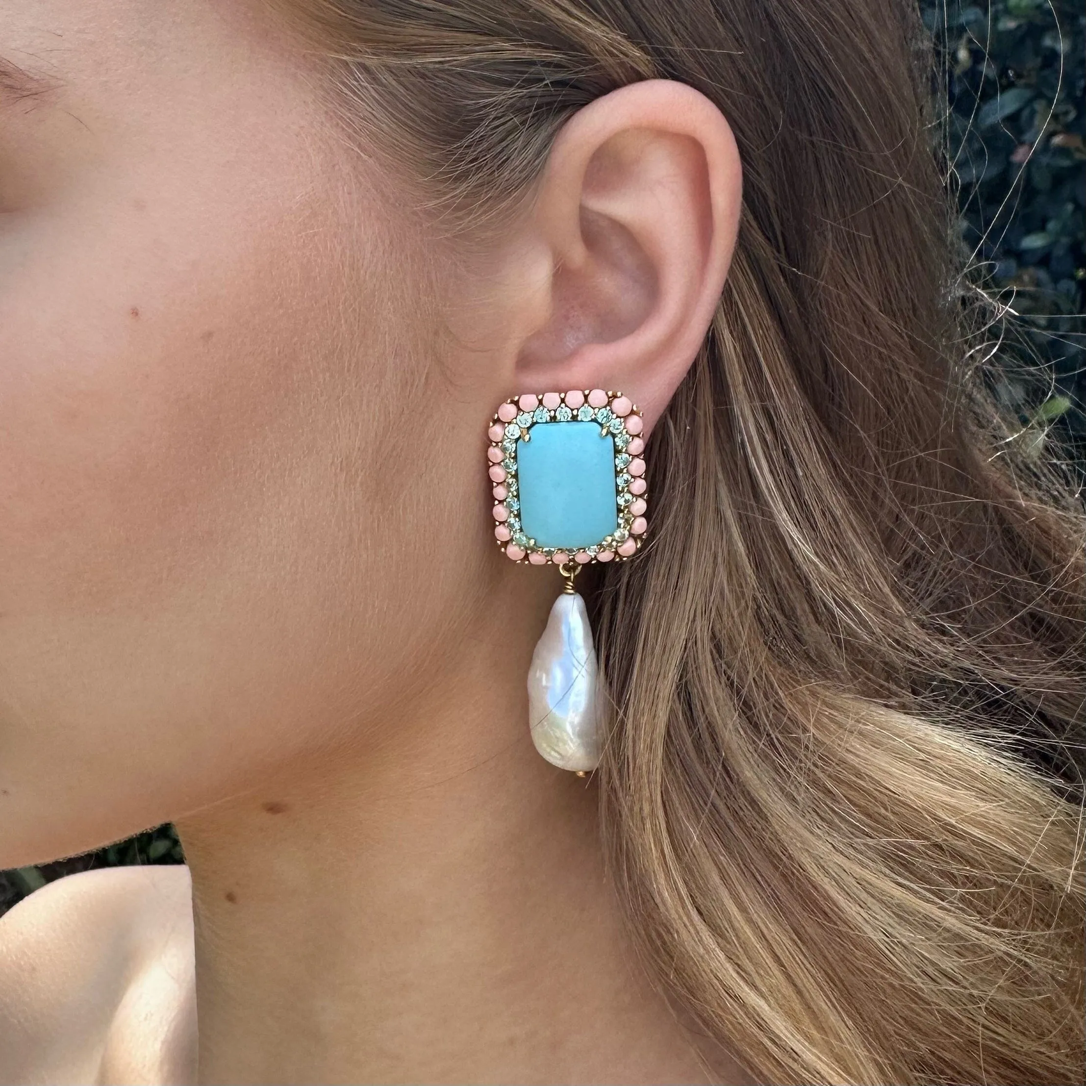 18k Gold Vermeil Turquoise, Coral and Baroque Pearl Earrings: The Victoria