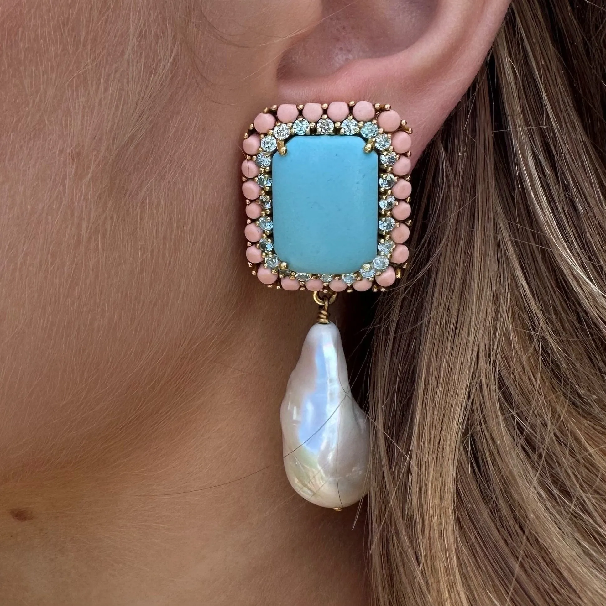 18k Gold Vermeil Turquoise, Coral and Baroque Pearl Earrings: The Victoria