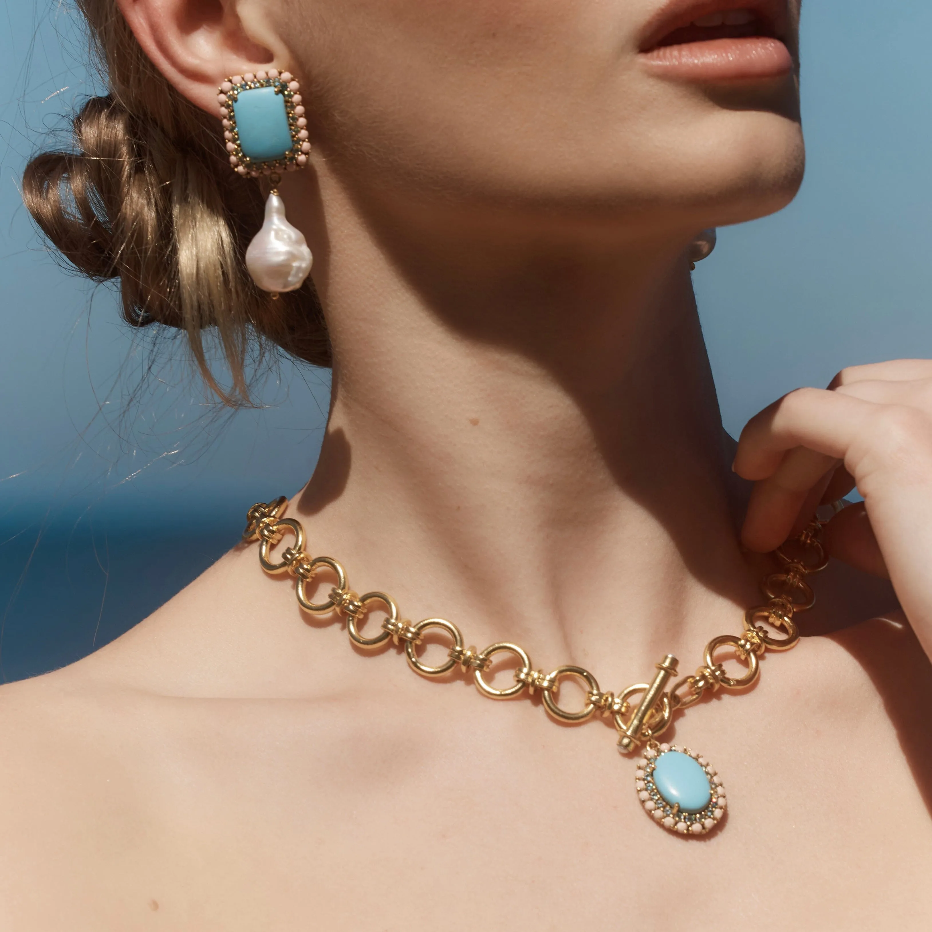 18k Gold Vermeil Turquoise, Coral and Baroque Pearl Earrings: The Victoria
