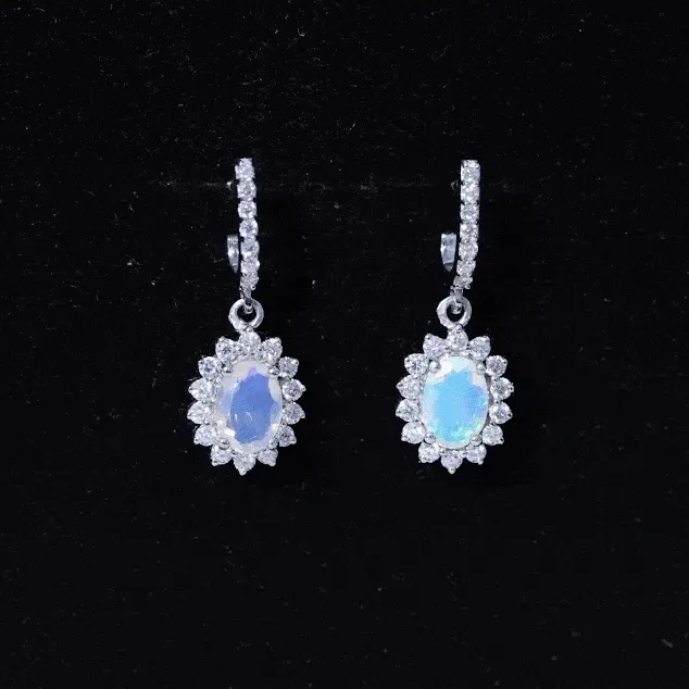 2.75 CT Oval Ethiopian Opal and Moissanite Sunburst J Hoop Drop Earrings