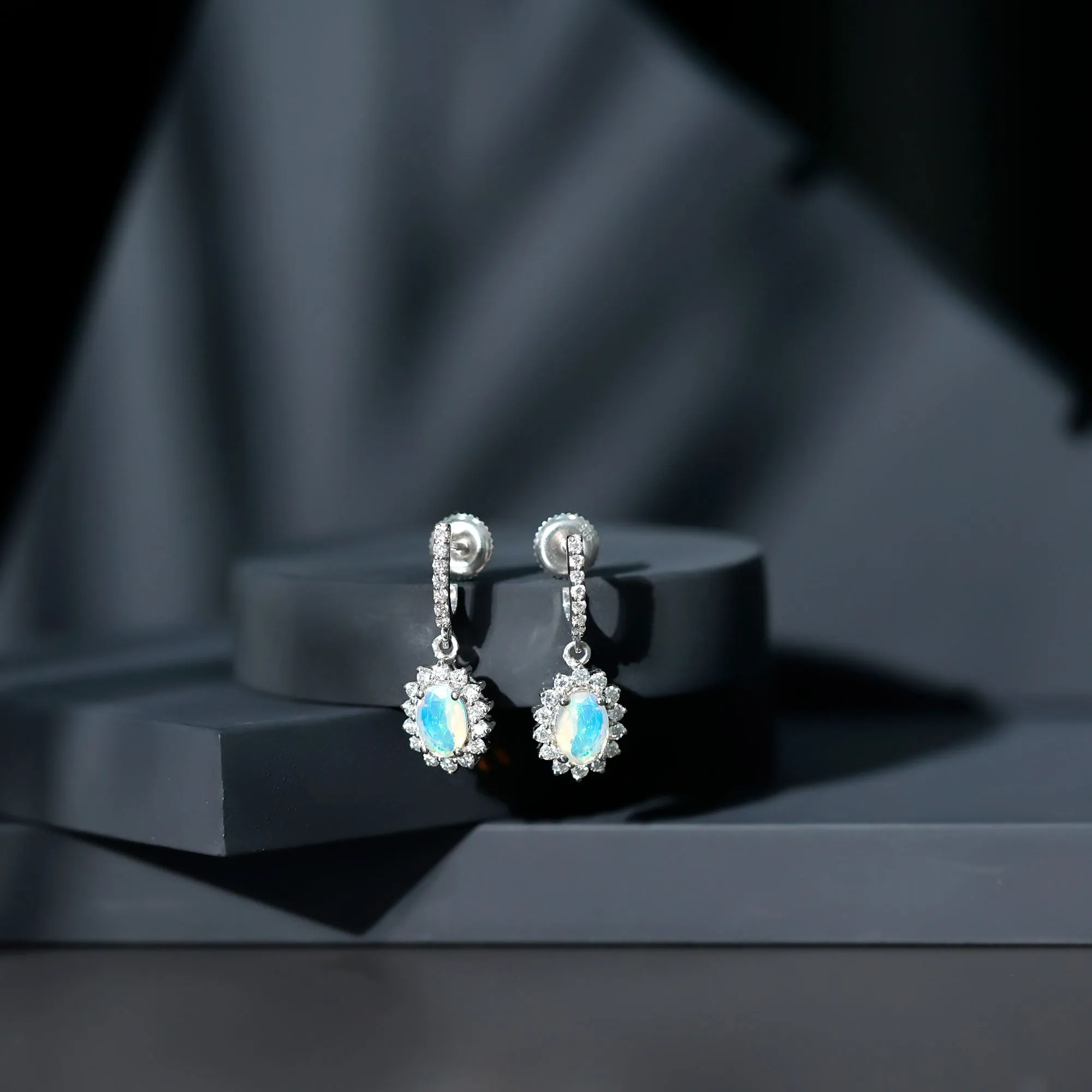 2.75 CT Oval Ethiopian Opal and Moissanite Sunburst J Hoop Drop Earrings