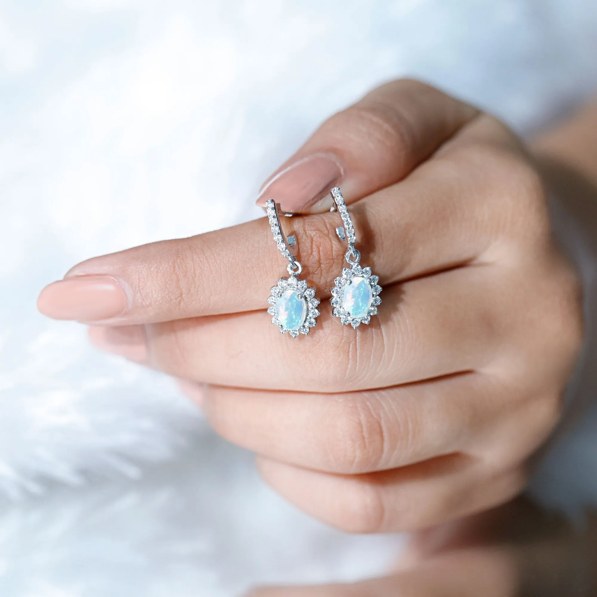 2.75 CT Oval Ethiopian Opal and Moissanite Sunburst J Hoop Drop Earrings