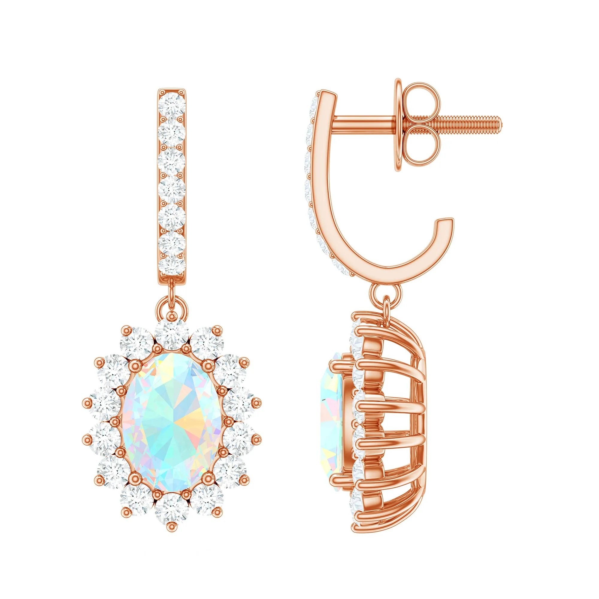 2.75 CT Oval Ethiopian Opal and Moissanite Sunburst J Hoop Drop Earrings