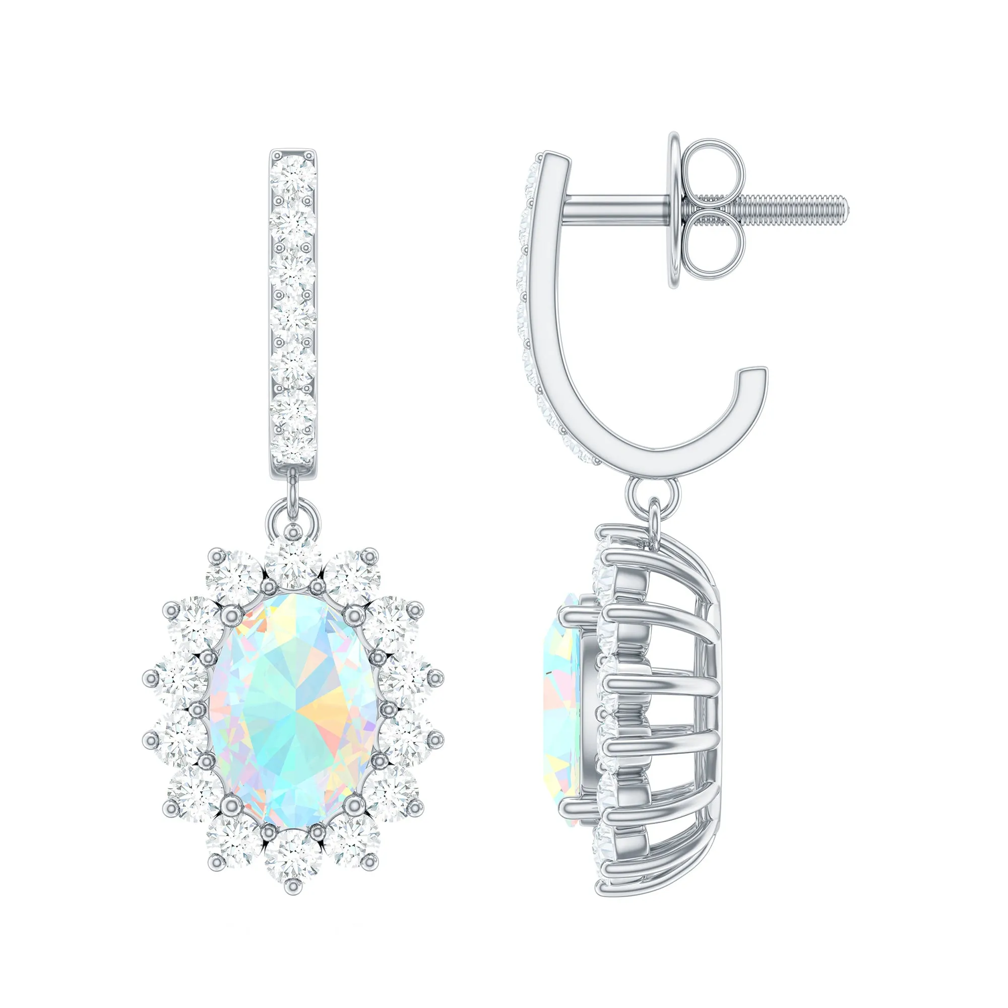 2.75 CT Oval Ethiopian Opal and Moissanite Sunburst J Hoop Drop Earrings