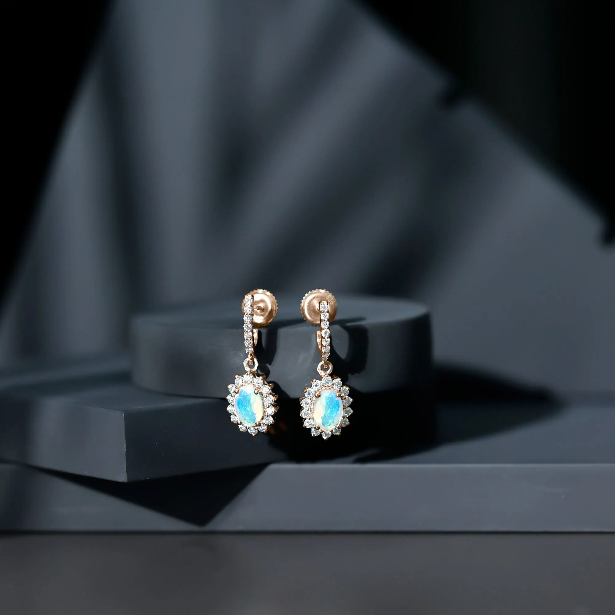 2.75 CT Oval Ethiopian Opal and Moissanite Sunburst J Hoop Drop Earrings