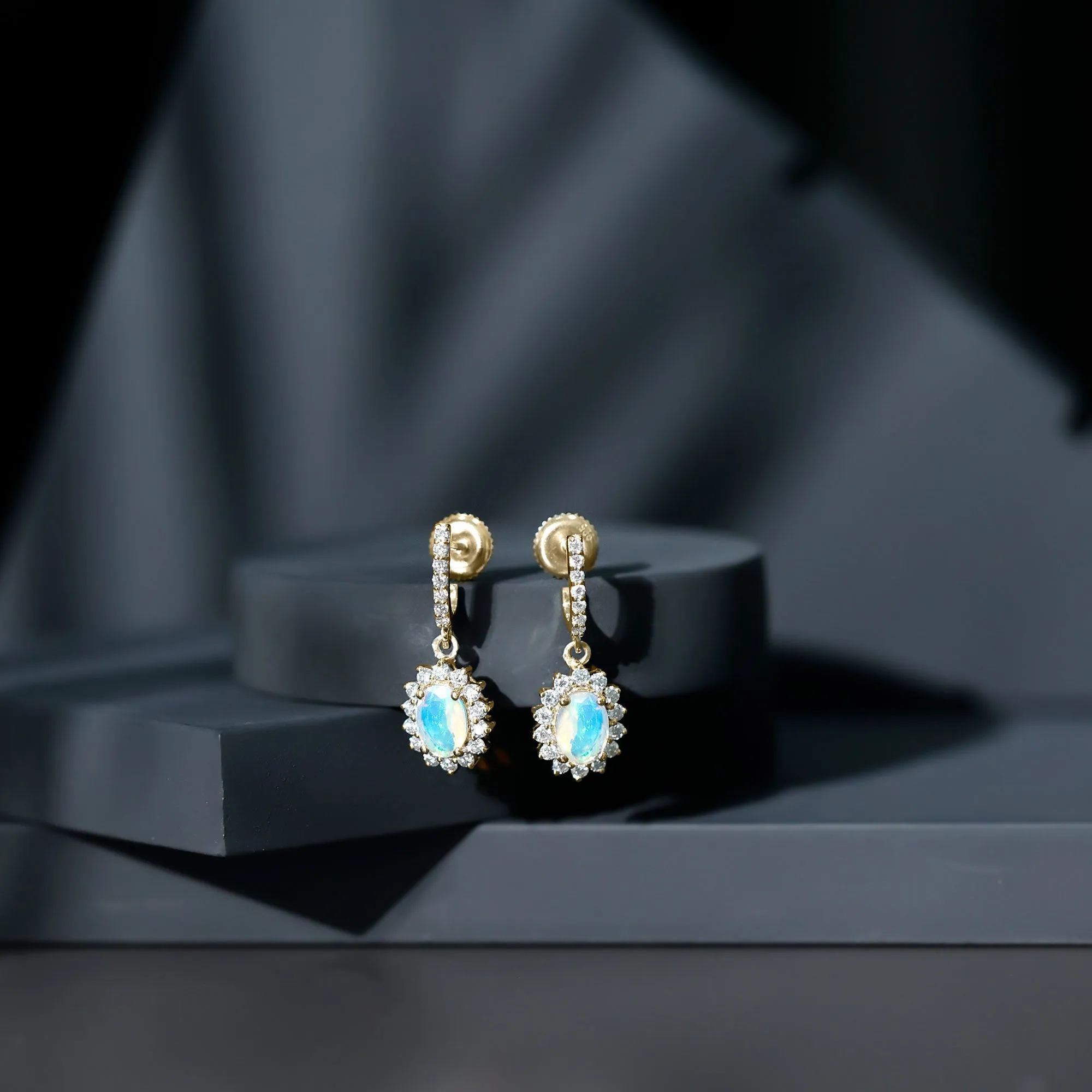 2.75 CT Oval Ethiopian Opal and Moissanite Sunburst J Hoop Drop Earrings