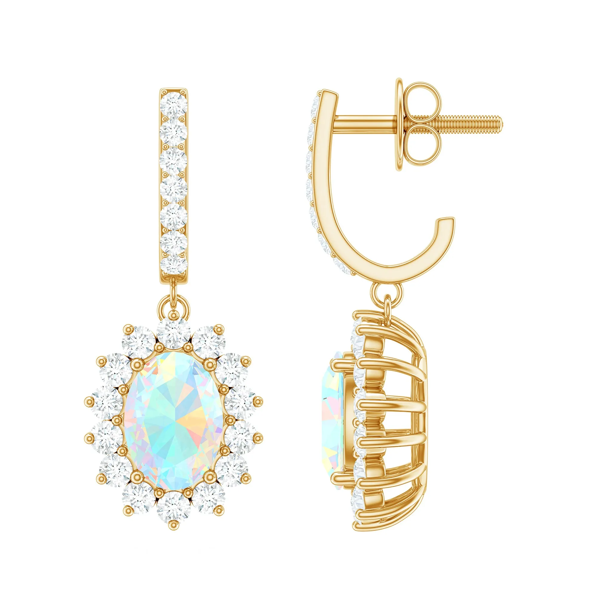 2.75 CT Oval Ethiopian Opal and Moissanite Sunburst J Hoop Drop Earrings