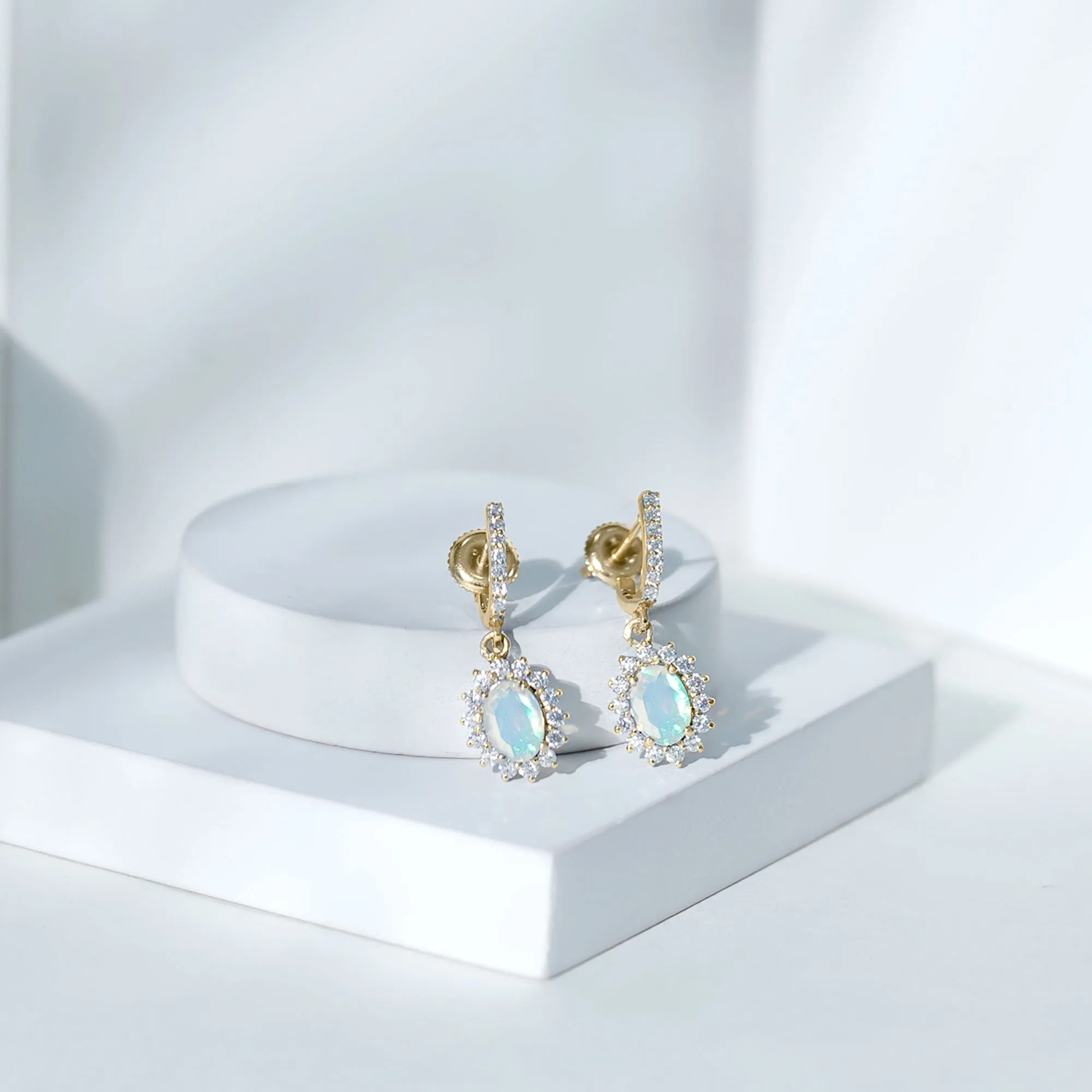 2.75 CT Oval Ethiopian Opal and Moissanite Sunburst J Hoop Drop Earrings