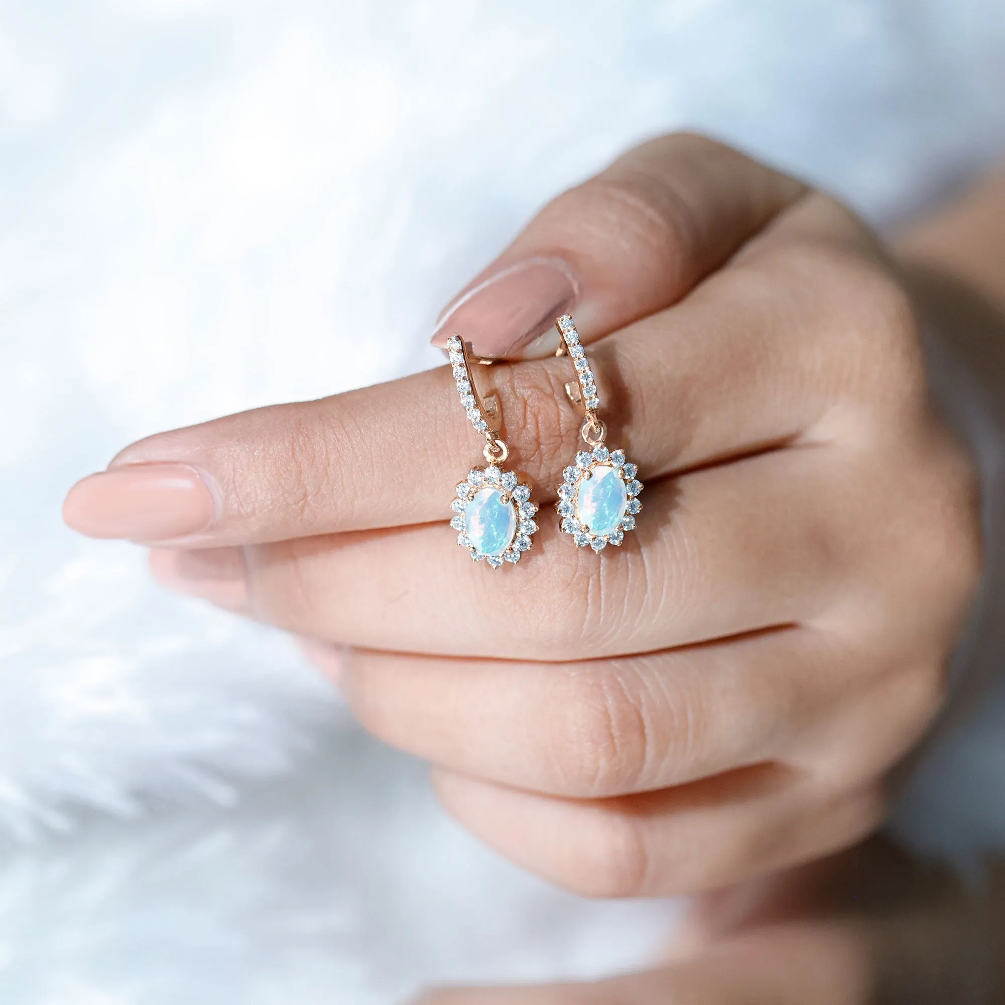 2.75 CT Oval Ethiopian Opal and Moissanite Sunburst J Hoop Drop Earrings