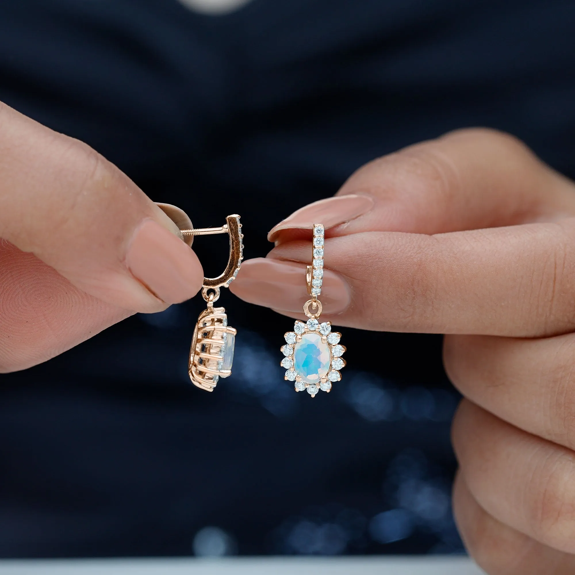 2.75 CT Oval Ethiopian Opal and Moissanite Sunburst J Hoop Drop Earrings