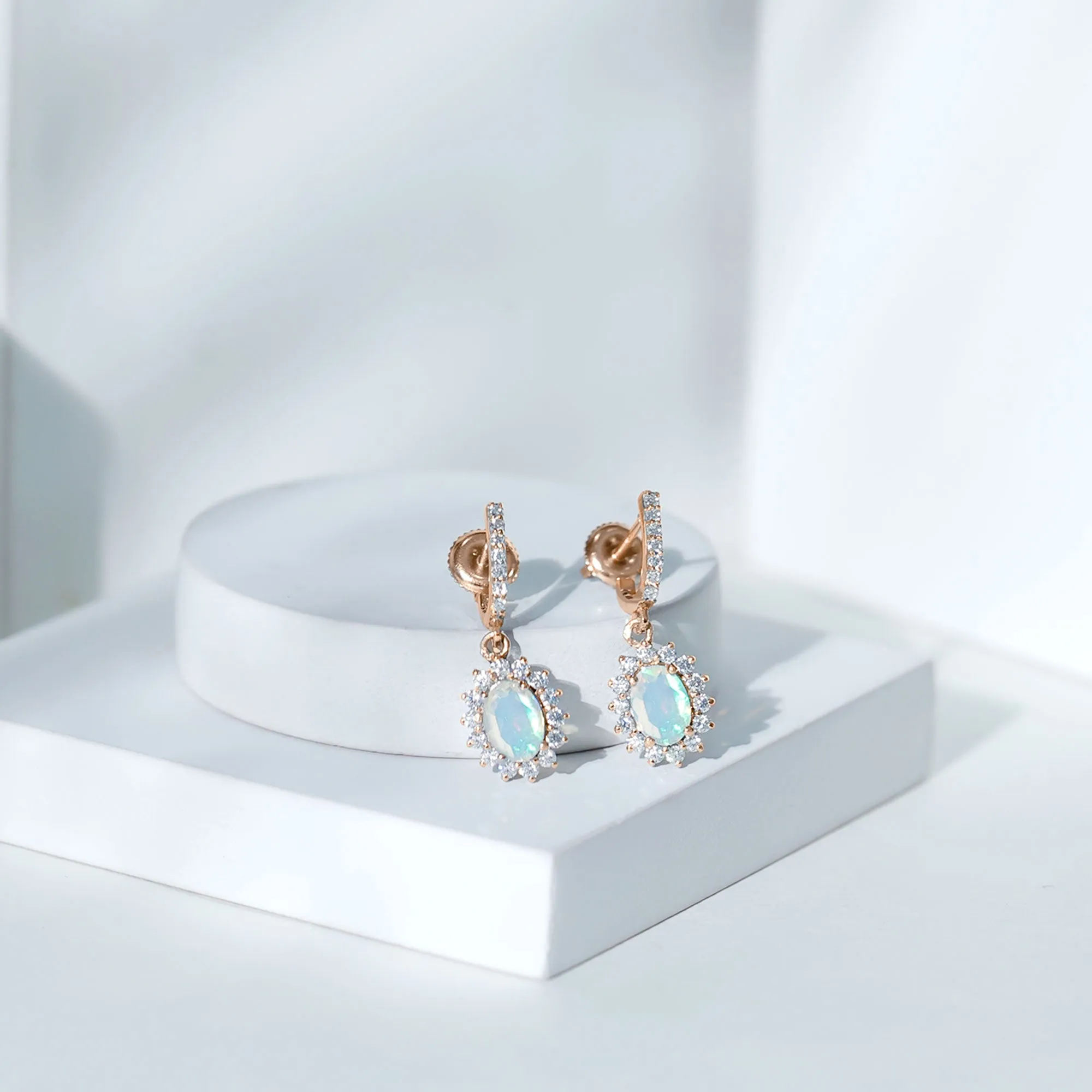 2.75 CT Oval Ethiopian Opal and Moissanite Sunburst J Hoop Drop Earrings