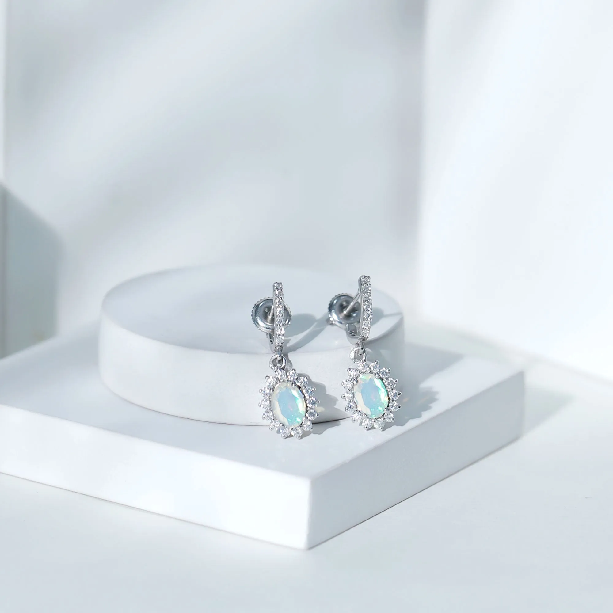 2.75 CT Oval Ethiopian Opal and Moissanite Sunburst J Hoop Drop Earrings
