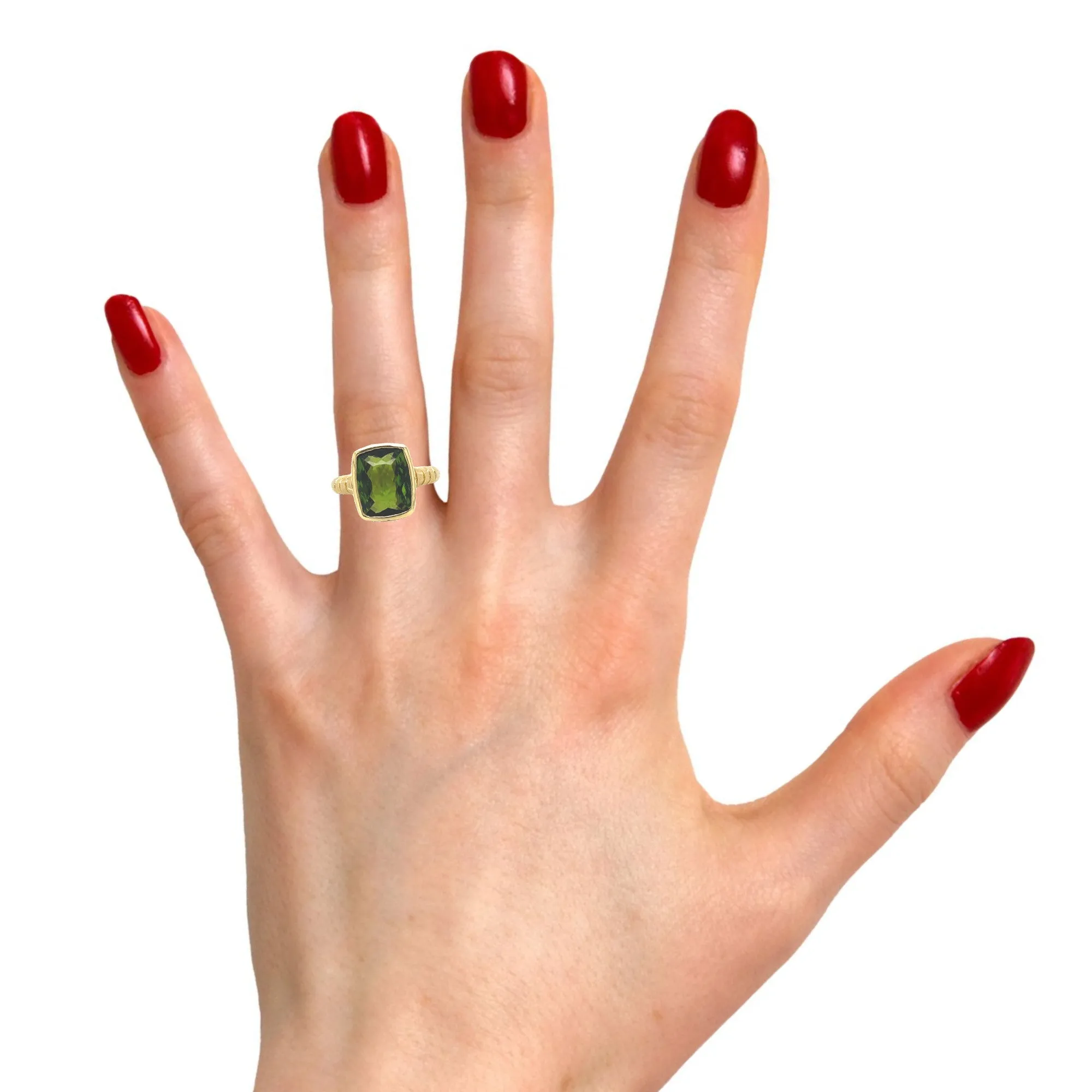 4.40 Carat Green Tourmaline Cushion, Diamond Yellow Gold Bezel Signet Ring