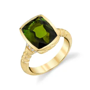 4.40 Carat Green Tourmaline Cushion, Diamond Yellow Gold Bezel Signet Ring