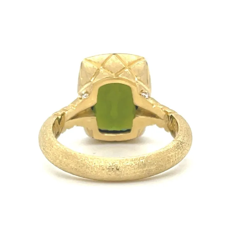 4.40 Carat Green Tourmaline Cushion, Diamond Yellow Gold Bezel Signet Ring