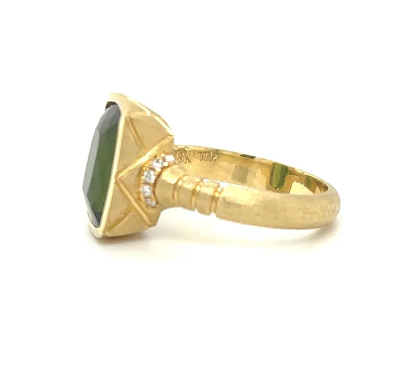 4.40 Carat Green Tourmaline Cushion, Diamond Yellow Gold Bezel Signet Ring