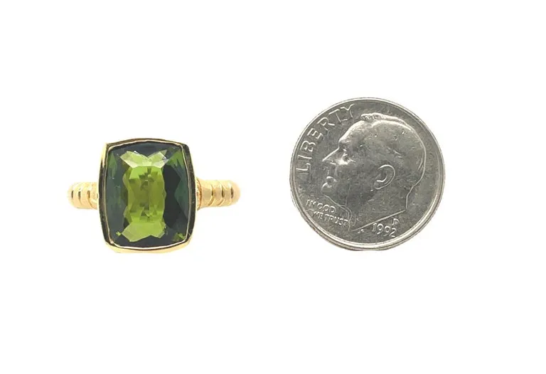 4.40 Carat Green Tourmaline Cushion, Diamond Yellow Gold Bezel Signet Ring