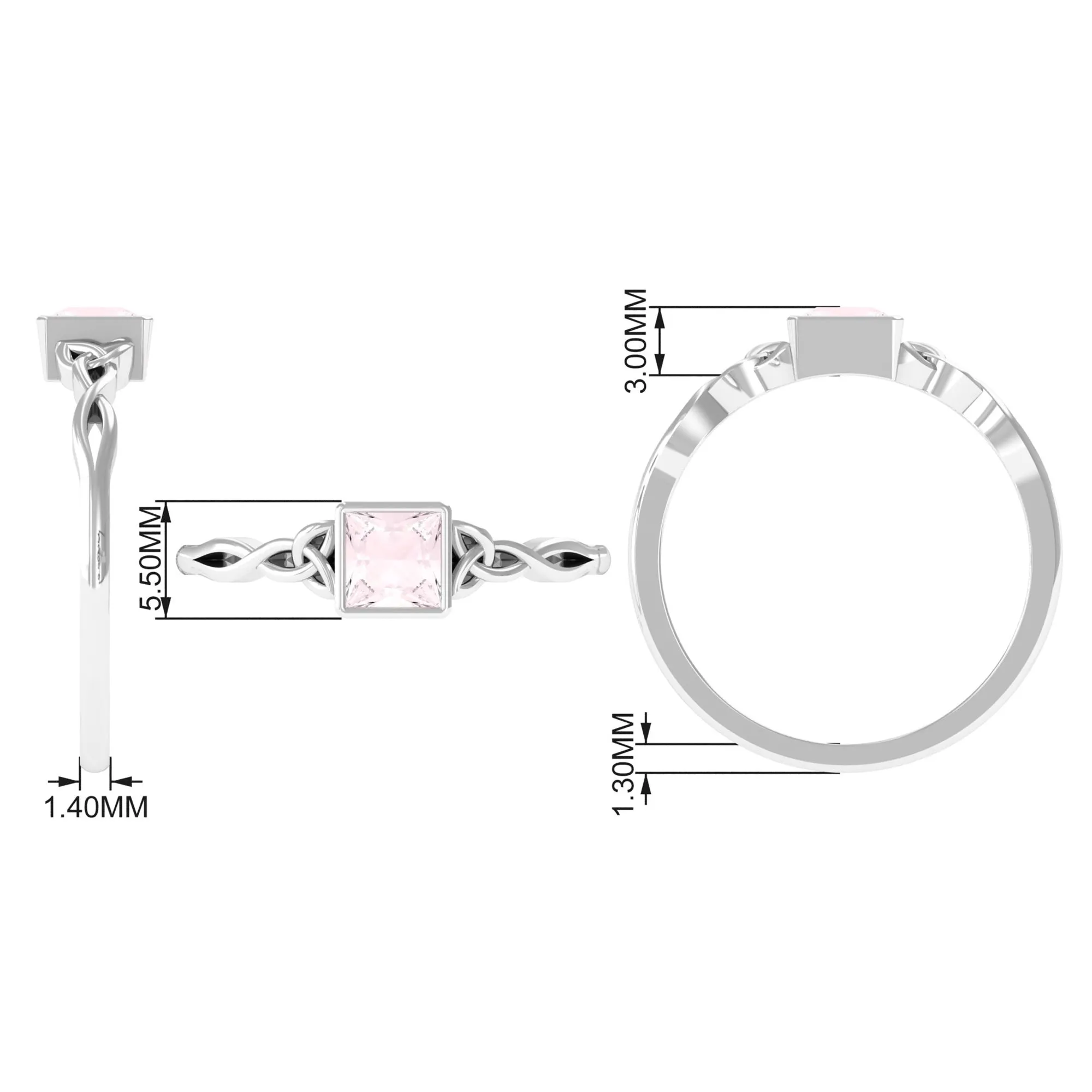 5 MM Princess Cut Rose Quartz Solitaire Celtic Ring in Bezel Setting