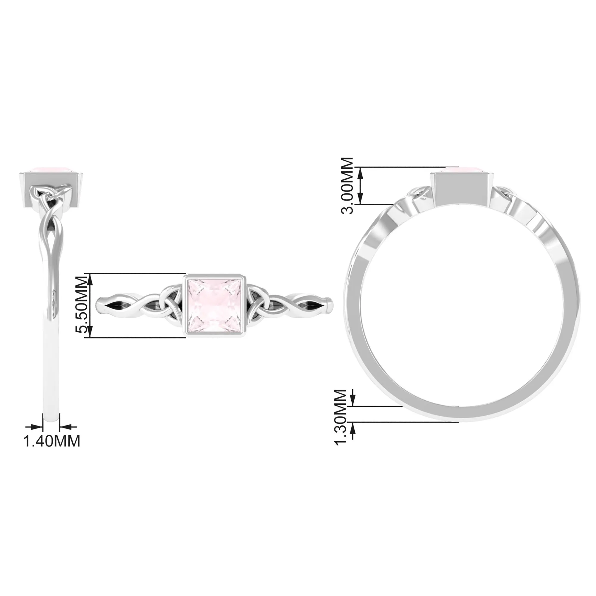 5 MM Princess Cut Rose Quartz Solitaire Celtic Ring in Bezel Setting