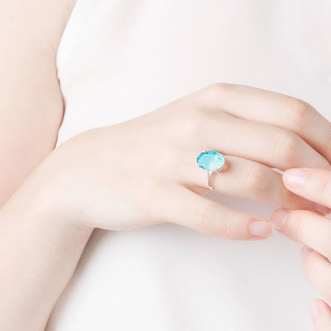 8 Carat 14K Solid White Gold Ring Natural Oval Blue Topaz
