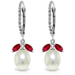 9 Carat 14K Solid White Gold Leverback Earrings Ruby Pearl