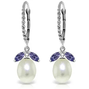 9 Carat 14K Solid White Gold Leverback Earrings Tanzanite Pearl