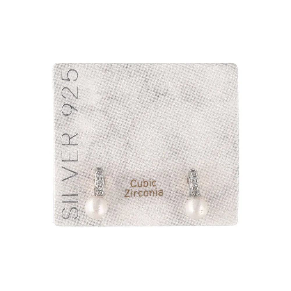 925 Silver Pave Bar Pearl Earrings