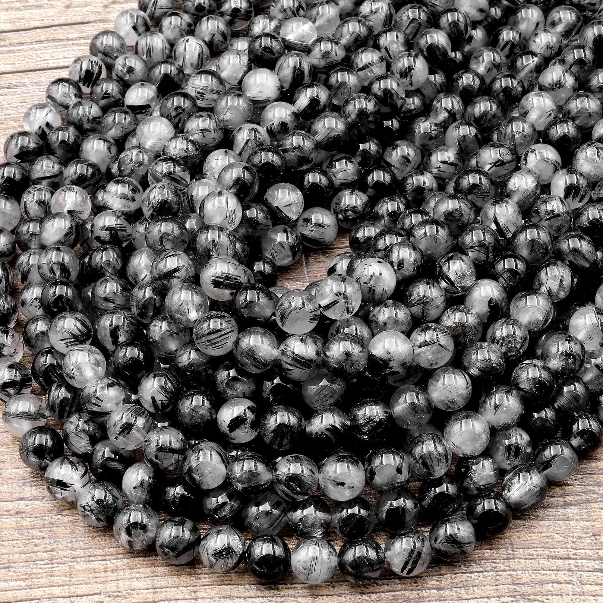 AAA Black Tourmaline Rutilated Rutile Quartz Round Beads 4mm 5mm 6mm 8mm Gemstone 15.5" Strand