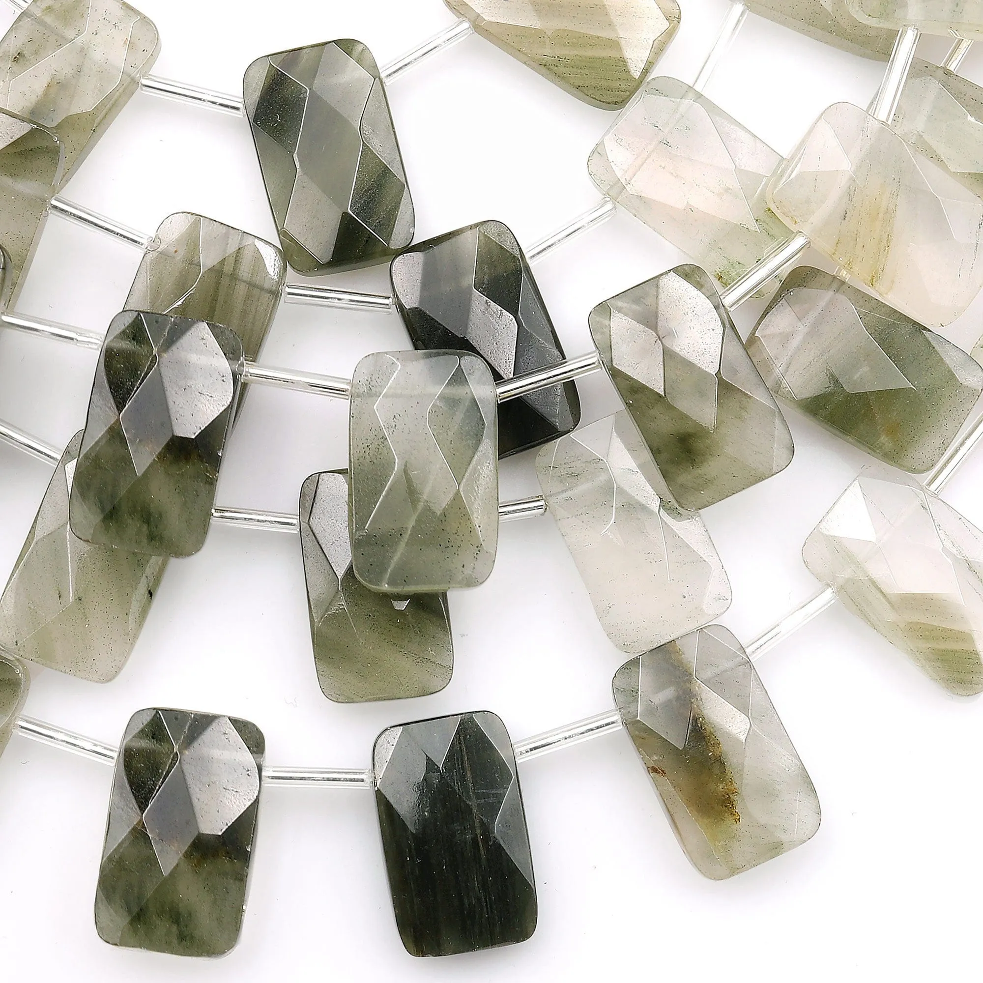 AAA Faceted Natural Green Actinolite In Quartz Beads Cushion Rectangle 15.5" Strand