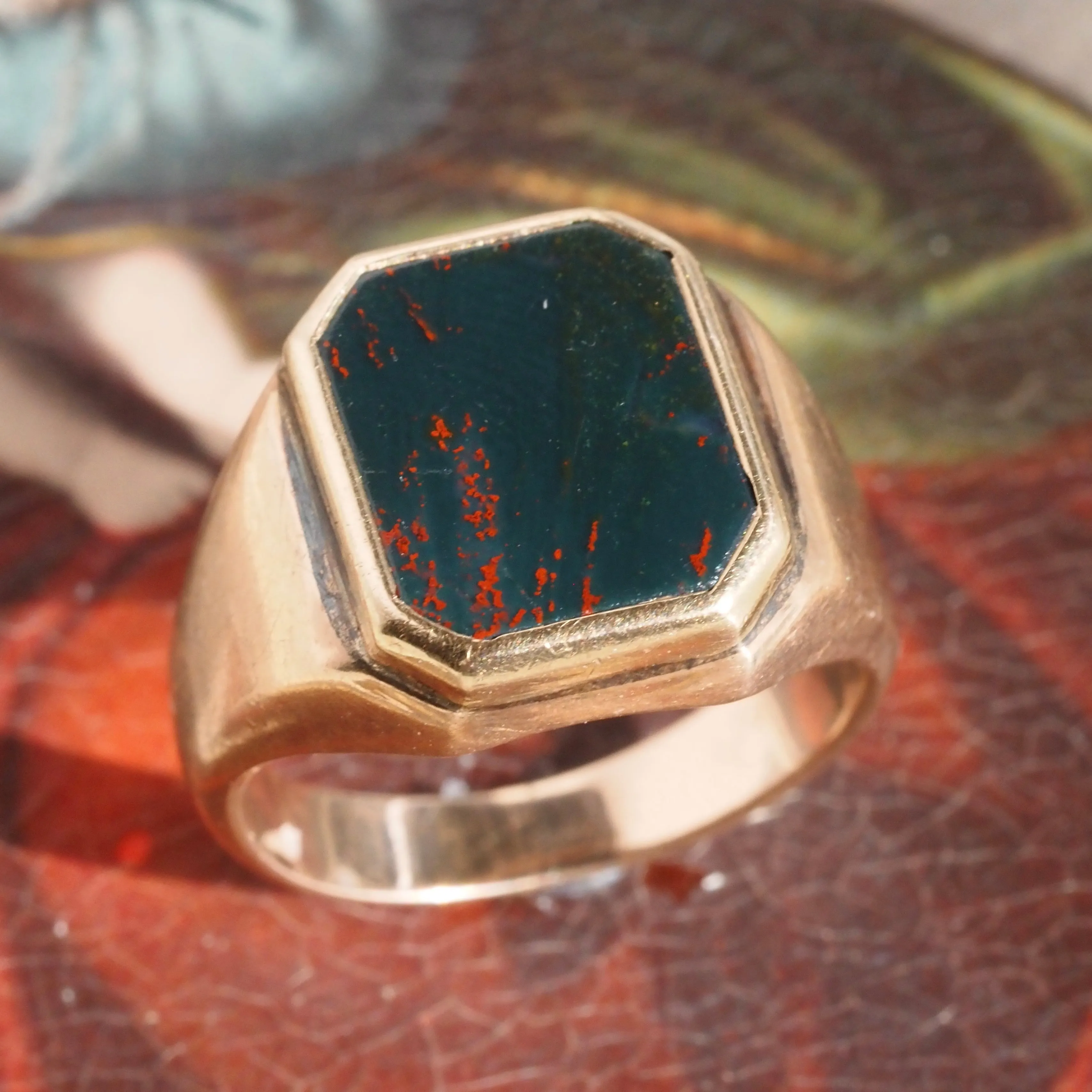 Antique Bloodstone Signet 10k Gold Ring
