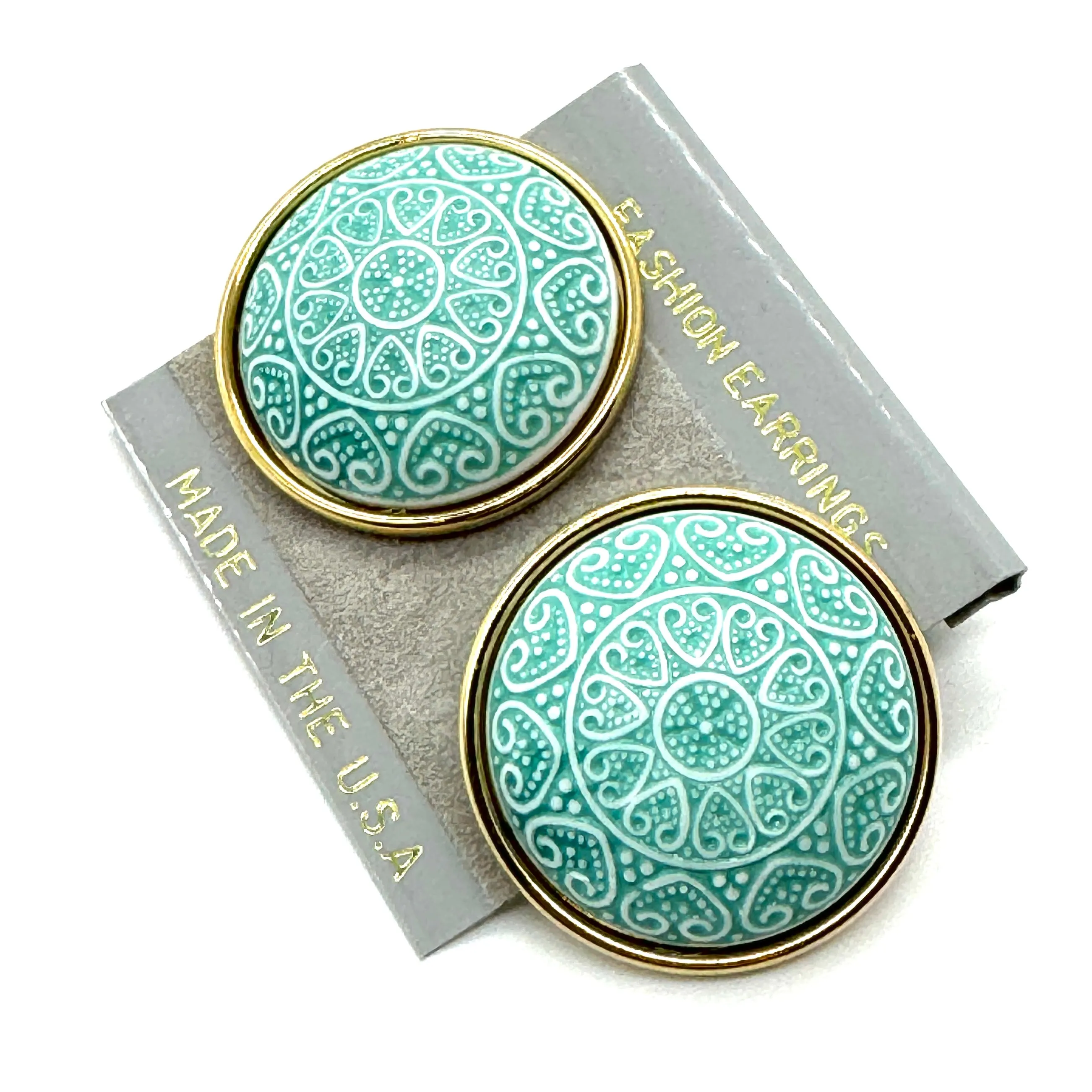 Aqua & Gold Hearts Scrolled Heart Studs - Kooky Deadstock Earrings