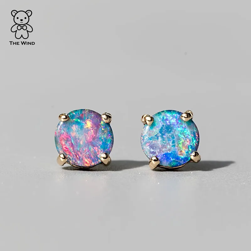 Australian Doublet Opal Round Stud Earrings 18K Yellow Gold