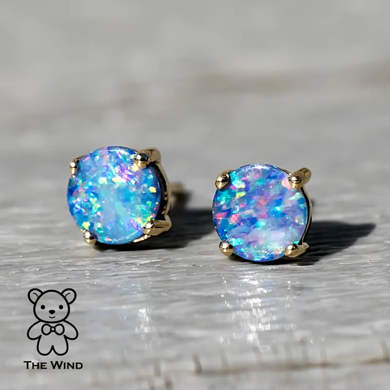 Australian Doublet Opal Round Stud Earrings 18K Yellow Gold