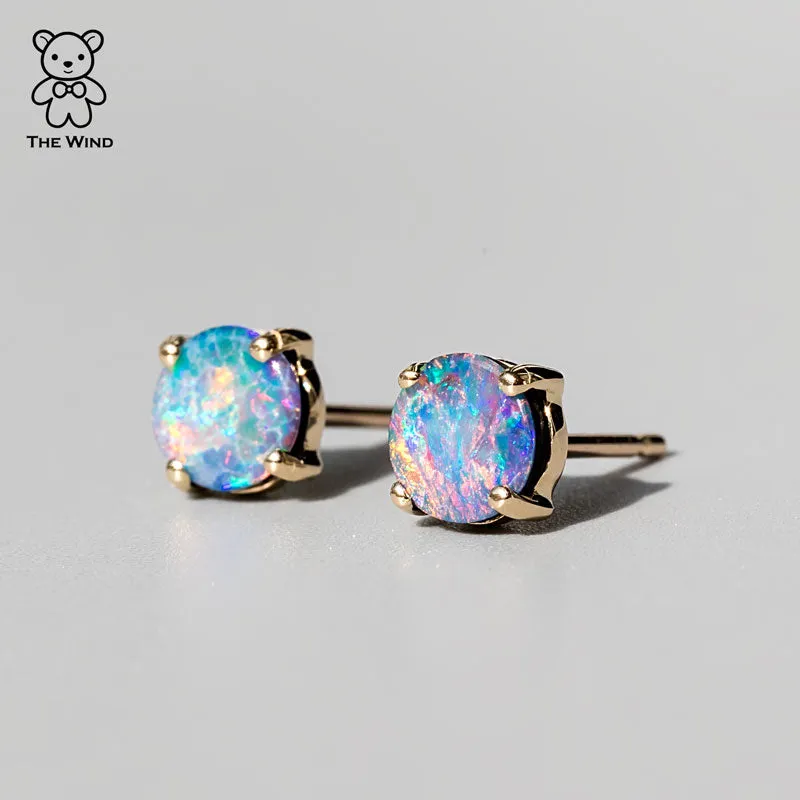 Australian Doublet Opal Round Stud Earrings 18K Yellow Gold